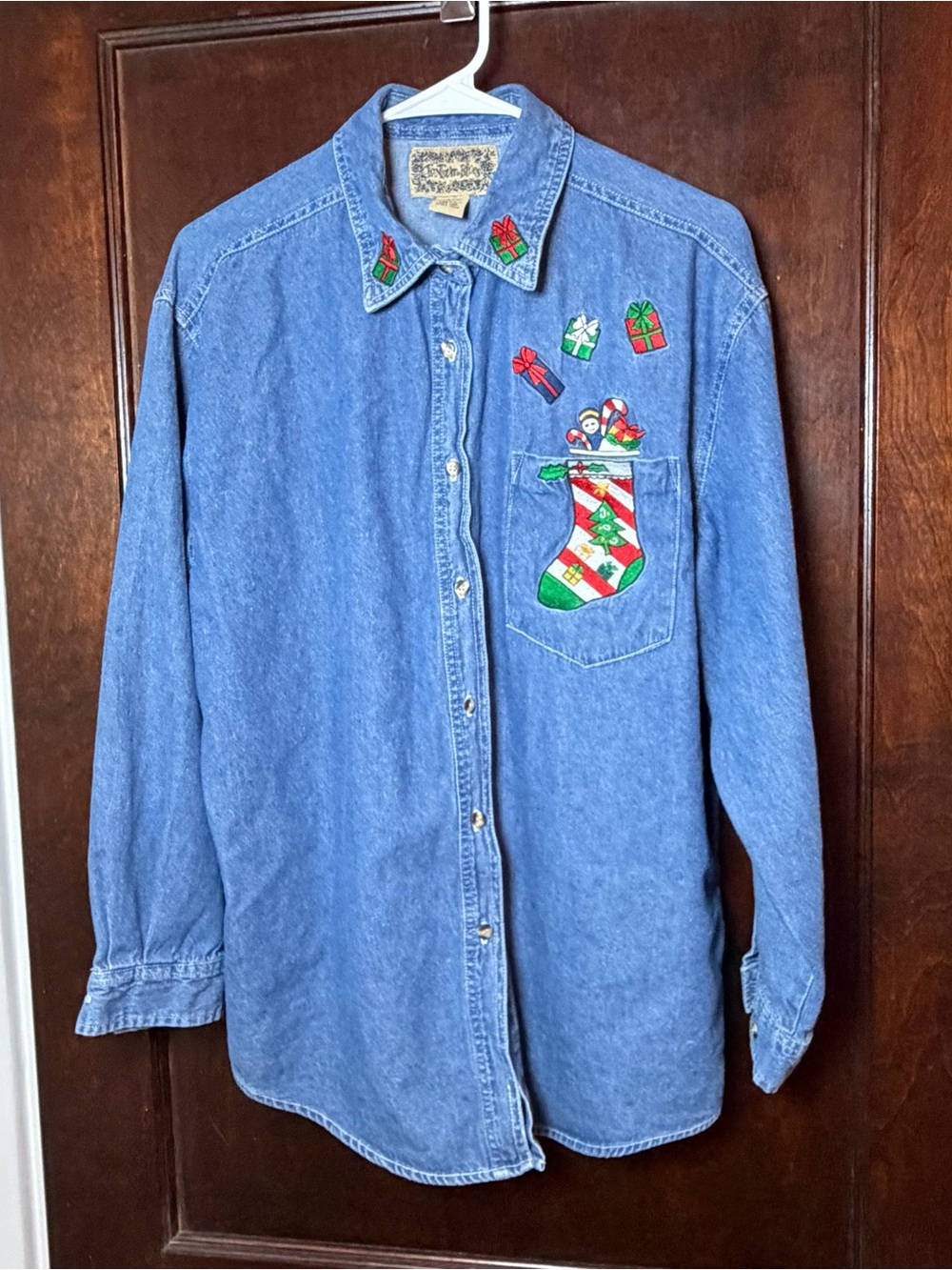Christmasween Denim Holiday Shirt Women’s Large Christmas Halloween Embroidered